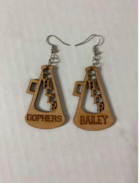 Wood Cheerleader or Football cutout/engraved earrings. 2 styles.