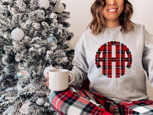 **Red Plaid Personalized Monogram Crew Light grey Sweatshirt